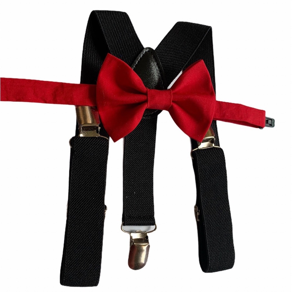 Red Bow Tie & Black Suspender Set – Kids classic holiday outfit